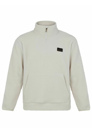 Baltas vilnonis megztinis su pusiau užtrauktuku, kengūros kišene ir stačiakampiu logotipu ant krūtinės. Minkšta tekstūruota medžiaga.