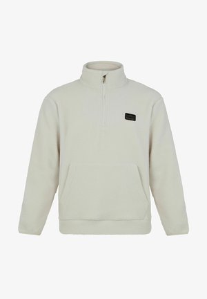 Biely fleece pulóver s polovičným zipsom, klokanie vrecko a obdĺžniková loga na hrudi. Mäkká textúrovaná tkanina.
