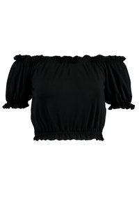Top negro sin hombros hecho de una tela suave, con mangas abullonadas y bordes ondulados en el escote y el dobladillo. Diseño de longitud corta.