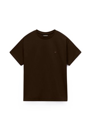 Gładki, ciemnobrązowy t-shirt z krótkim rękawem i okrągłym dekoltem, z małym haftowanym logo na lewej piersi.