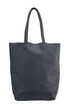 Borsa tote in pelle grigio scuro con due spallacci e logo del marchio in rilievo vicino al centro inferiore.
