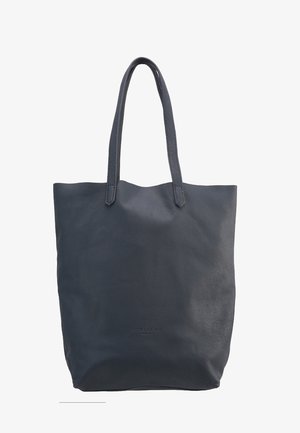 Ciemnoszara skórzana torba typu tote z dwoma paskami na ramię i subtelnym wytłoczonym logo marki blisko dolnego środka.