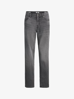 Herre jeans med rett ben i grå denim, med knapp og glidelås foran, beltehemper, og lommer foran og bak.