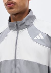 Homme portant une veste de sport blanche et grise zippée avec un col montant et un logo Adidas sur la poitrine.