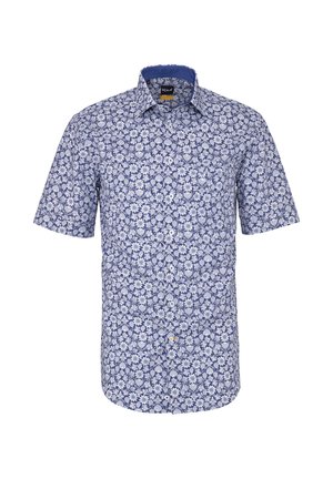 Kurzärmeliges Hemd mit Knöpfen, blau-weißem Blumenmuster und einem blauen Innenkragen.