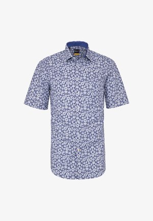 Kurzärmeliges Hemd mit Knöpfen, blau-weißem Blumenmuster und einem blauen Innenkragen.
