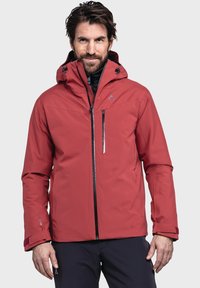 Rote wasserdichte Jacke mit Kapuze, ausgestattet mit einem Reißverschluss vorne, seitlichen Taschen und verstellbaren Manschetten, aus glattem, strapazierfähigem Stoff.