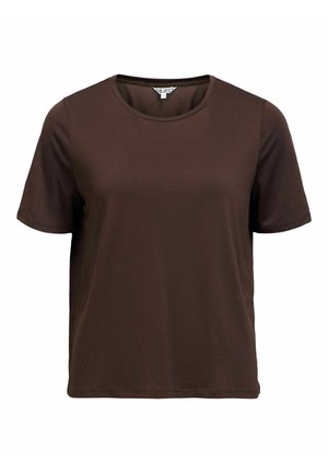 T-shirt marron à manches courtes avec col rond en coton, coupe décontractée, présenté sur un fond blanc.
