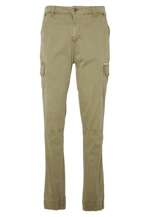 Pantaloni cargo in khaki, realizzati in cotone misto. Presentano più tasche laterali, una chiusura con bottone e polsini elasticizzati alle caviglie.