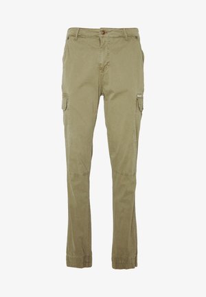 Pantaloni cargo in khaki, realizzati in cotone misto. Presentano più tasche laterali, una chiusura con bottone e polsini elasticizzati alle caviglie.