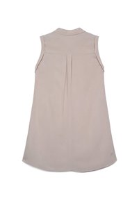 Blusa senza maniche beige con colletto, dettaglio delle pieghe posteriori e orlo curvo. Tessuto liscio e leggero.
