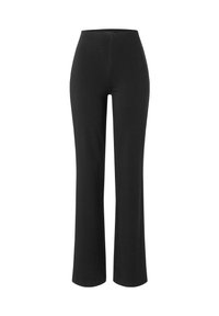 Black, stretchy pants with a high waist and flared leg design. Smooth texture, no visible patterns or hardware details.