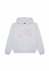 Jasnoszara bluza z kapturem z przednią kieszenią typu kangur, sznurek do regulacji kaptura oraz napis "LOCAL HEROES" w różowych cyrkoniach na klatce piersiowej.