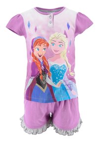 Purple short-sleeve pajama set featuring printed characters from a popular animated film. Bottoms have ruffled gray trim and simple design.