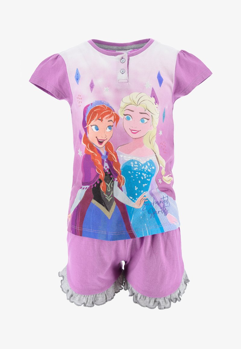 Purple short-sleeve pajama set featuring printed characters from a popular animated film. Bottoms have ruffled gray trim and simple design.