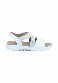 Sandalias blancas con correas cruzadas elásticas, plantilla acolchada y suela blanca flexible. Material sintético suave y un interior blando.