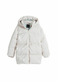 Giacca puffer beige chiaro con cappuccio, superficie liscia, chiusura con zip e polsini a coste. Fodera con un motivo astratto colorato.