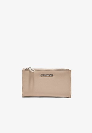 Beige rektangulær pung med lynlåslukning, tekstureret overflade og sølvfarvet "Stradivarius" logo på midten foran.