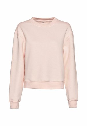 Vaaleanpunainen lyhyt huppari, jossa on pyöreä kaula-aukko ja pitkät hihat. Valmistettu pehmeästä puuvillasekoitteesta, jossa on resorit hihansuissa ja helmassa.