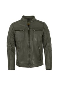 Olivgrüne Lederjacke mit Stehkragen, vier Reißverschlusstaschen und tailliertem Schnitt. Glatte Textur mit tonalem Nähakzent.