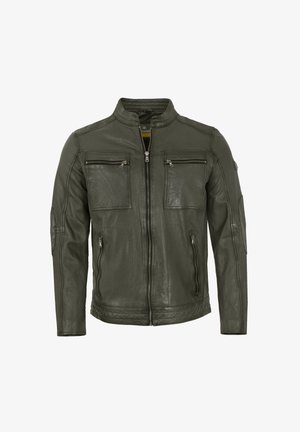 Olivgrüne Lederjacke mit Stehkragen, vier Reißverschlusstaschen und tailliertem Schnitt. Glatte Textur mit tonalem Nähakzent.