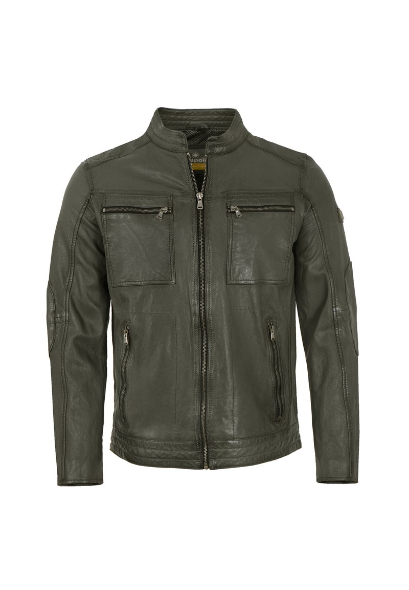 Olivgrüne Lederjacke mit Stehkragen, vier Reißverschlusstaschen und tailliertem Schnitt. Glatte Textur mit tonalem Nähakzent.
