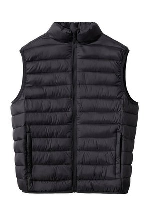 Gilet imbottito trapuntato nero senza maniche con cerniera frontale e due tasche laterali, progettato per calore e comfort leggero.