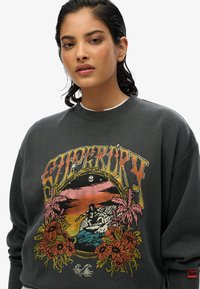 Grijze sweatshirt met een grote grafische print met tropische elementen, een zonsondergang als achtergrond en bloemaccenten. Ribbelboord bij de hals en mouwen zichtbaar.