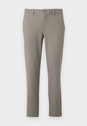 Slim-fit grå dressbyxor med knapp- och dragkedjestängning, bältesslingor och sidofickor, uppvisade mot en vit bakgrund.
