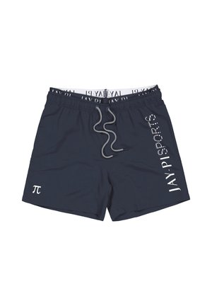 Marineblaue Schwimmshorts mit elastischem Bund, Kordelzug-Detail und weißem "JAY PI SPORTS"-Text an der Seite. Mit einem pi-Symbol.