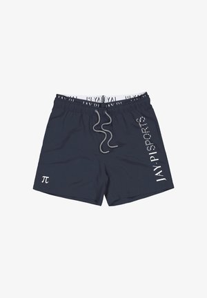 Marineblaue Schwimmshorts mit elastischem Bund, Kordelzug-Detail und weißem "JAY PI SPORTS"-Text an der Seite. Mit einem pi-Symbol.