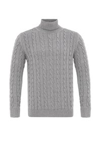 Maglione grigio a maglia con colletto alto, motivo a treccia, polsini e orlo a coste. La texture è morbida e leggermente spessa.