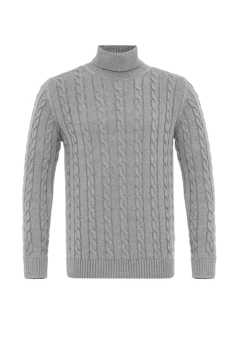 Maglione grigio a maglia con colletto alto, motivo a treccia, polsini e orlo a coste. La texture è morbida e leggermente spessa.