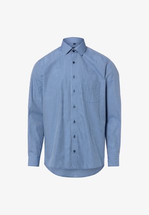 Langärmliges Hemd mit Knopfleiste, blau-weißem kleinem Karomuster, Haifischkragen und geknöpften Manschetten.