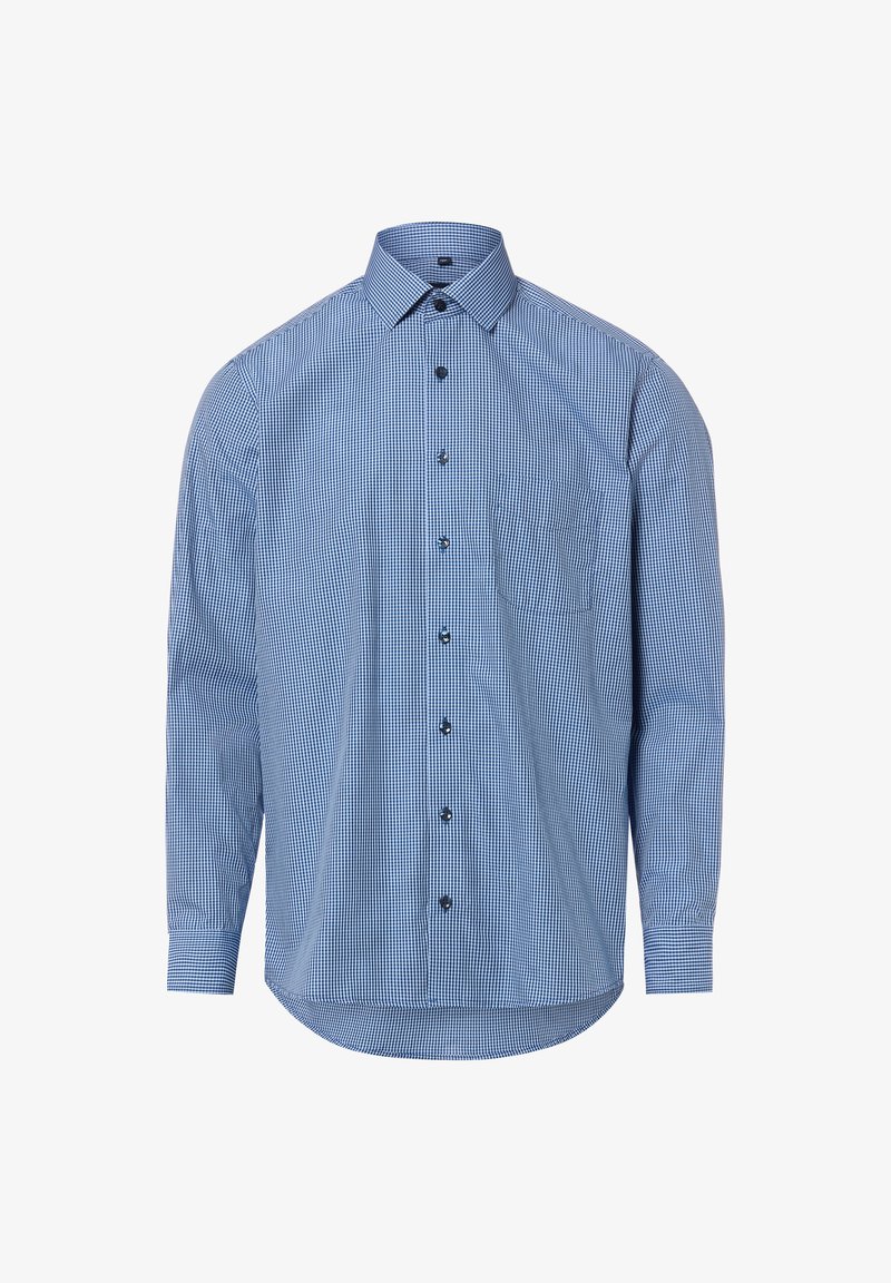 Chemise à manches longues à boutons avec motif à petits carreaux bleus et blancs, col à pans ouverts et poignets boutonnés.