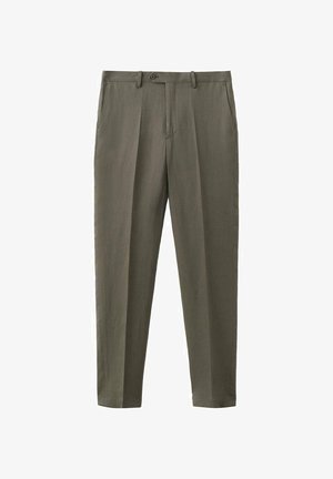 Maslinasto zelene krojene hlače s prednjim naborima, bočnim džepovima, prorezima za remen i kopčanjem na gumbu u struku.