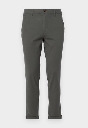 Gray pants with a straight-leg design, made from lightweight fabric, featuring a rolled hem and a single front button closure.