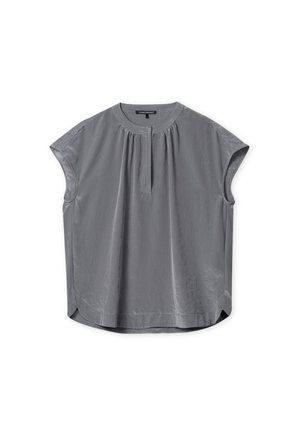 Kurzärmelige graue Bluse mit Rundhalsausschnitt, plissiertem Frontdetail und lockerer Passform, aus leichtem Material gefertigt.