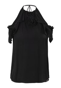 Blusa senza maniche nera con spalline arricciate, dettaglio a rosa sul collo e una vestibilità ampia realizzata in tessuto leggero.