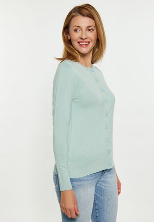 Lichtblauwe gebreide cardigan met een ronde hals, voorzien van zes bijpassende knopen aan de voorkant en ribgebreide manchetten en zoom.