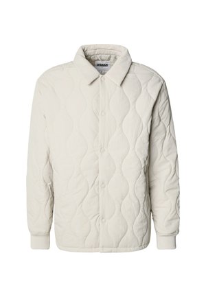 Prošívaná smetanová bunda s límečkem, patentkami a žebrovanými manžetami. Tkanina má vlnitý vzor s texturovaným povrchem.