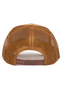 Brown mesh cap with a tan front panel, adjustable plastic strap, and ventilation holes. The back is fully mesh for breathability.