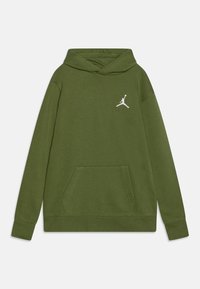 Olivgrön hooded sweatshirt med långa ärmar, känguruficka och liten vit Jumpman-logga på bröstet.
