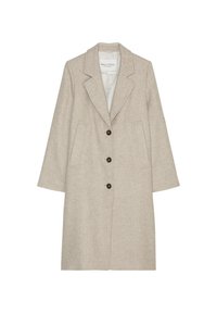 Cappotto beige a motivo houndstooth con colletto a punte, tre bottoni e tasche a toppa. Realizzato in un tessuto testurizzato, con una vestibilità sartoriale.