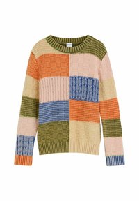Maglione lavorato a maglia multicolore con design patchwork composto da blocchi di arancione, verde, blu, rosa e crema; scollo rotondo e polsini a coste.