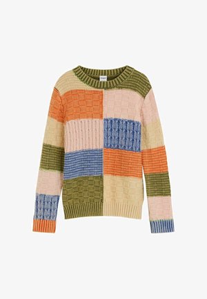 Višebojni pleteni džemper s uzorkom kolaža u blokovima narančaste, zelene, plave, ružičaste i krem boje; rebrasti okrugli izrez i manšete.