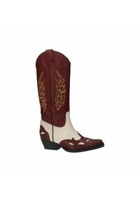 Rode en crèmekleurige leren cowboylaars met een puntige neus, luipaardprint accenten en uitgesneden details op de schacht. Ontwerp met een stevige hak.