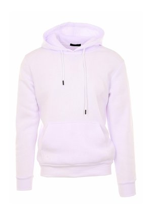 Hoodie bianco realizzato in morbido tessuto, dotato di tasca a canguro, lacci regolabili con punte nere e polsini e orlo a costine.