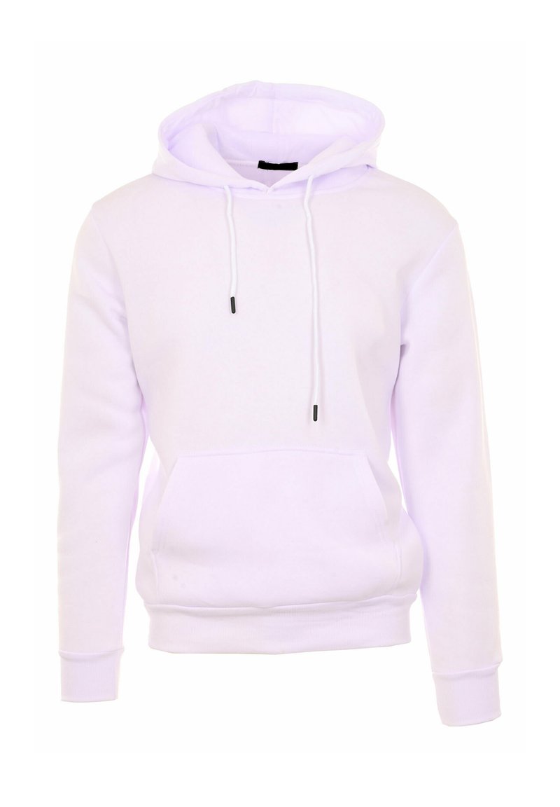 Hoodie bianco realizzato in morbido tessuto, dotato di tasca a canguro, lacci regolabili con punte nere e polsini e orlo a costine.