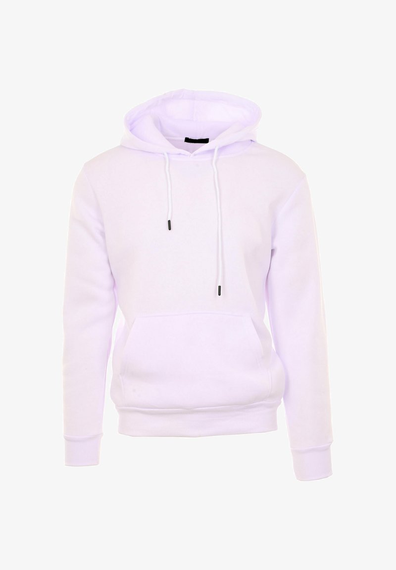 Hoodie bianco realizzato in morbido tessuto, dotato di tasca a canguro, lacci regolabili con punte nere e polsini e orlo a costine.
